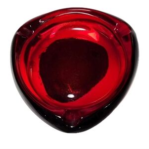 Vintage Viking Ruby Red Glass Ashtray Hand Made Heavy 8.5" With Label 3 Slots